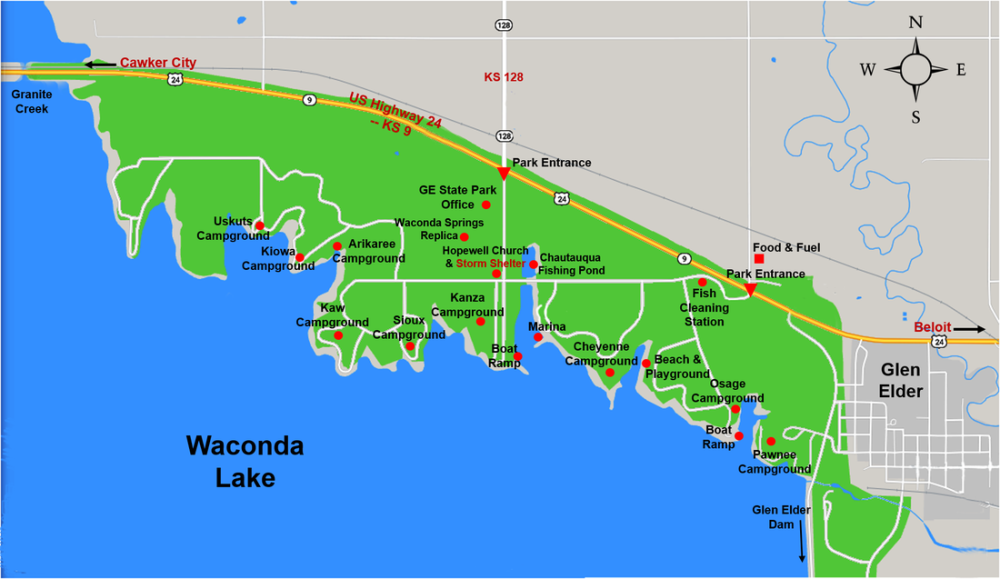 Glen Elder State Park Campground Map, Waconda Lake, Mitchell County Kansas, Solomon Valley.