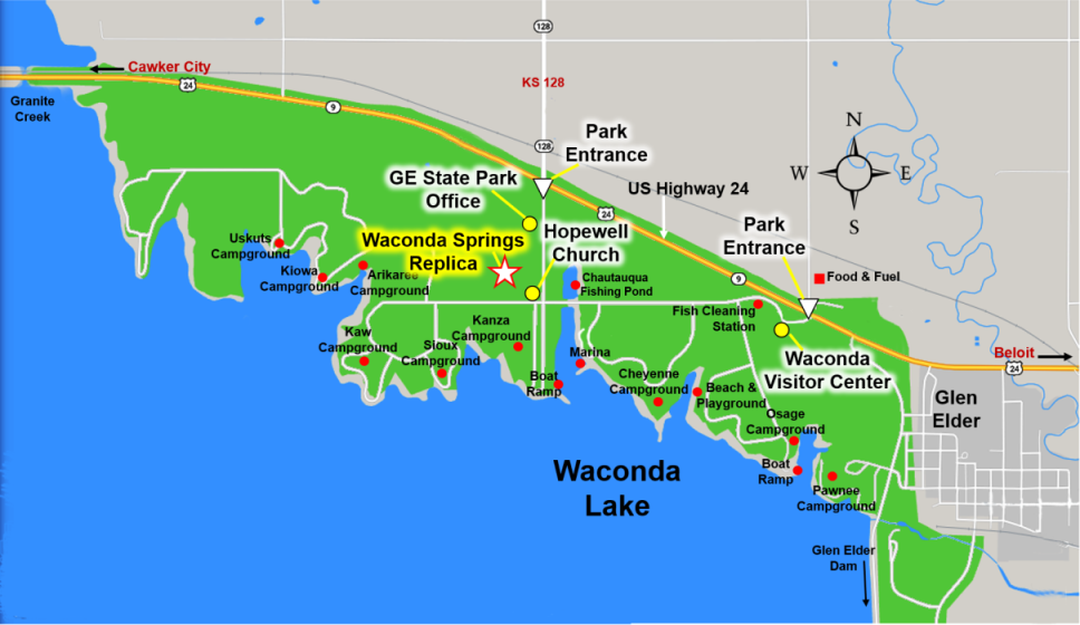 Glen Elder State Park Campground Map, Waconda Lake, Mitchell County Kansas, Solomon Valley.